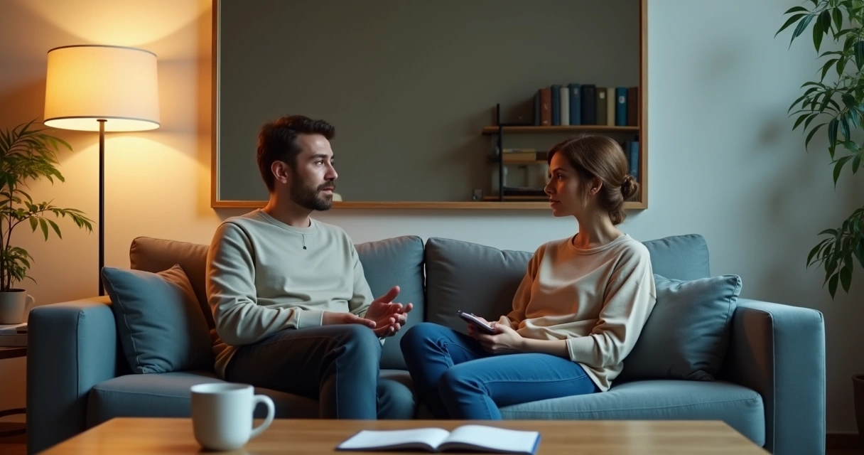 Two people talking on a sofa reflected softly in a large wall mirror 