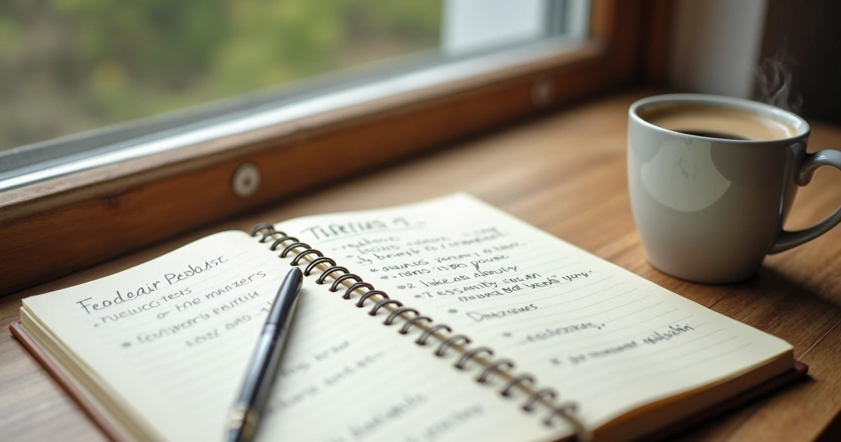 Notebook and coffee beside a window for reflective listening practice 