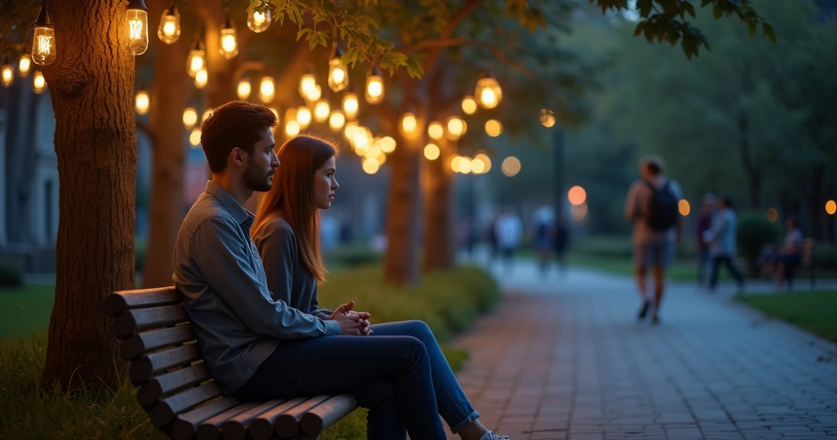 Two people talking on a park bench at dusk surrounded by softly glowing lanterns 
