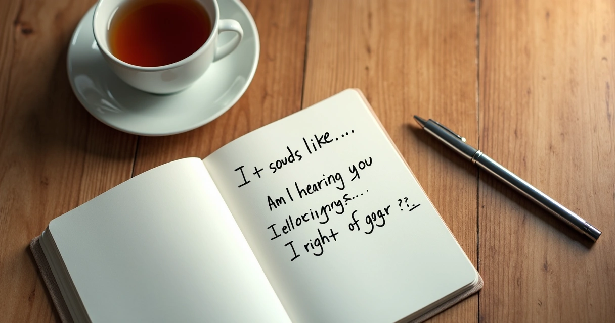 Notebook with listening phrases beside tea