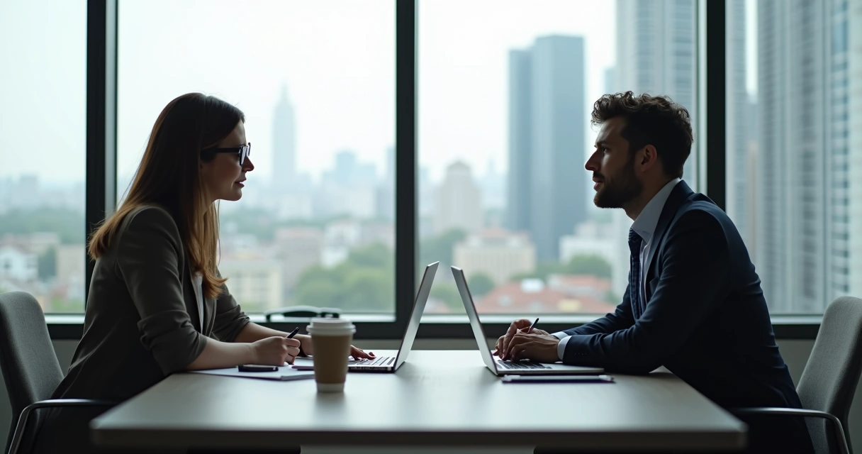 Colleagues having a focused conversation in a modern office