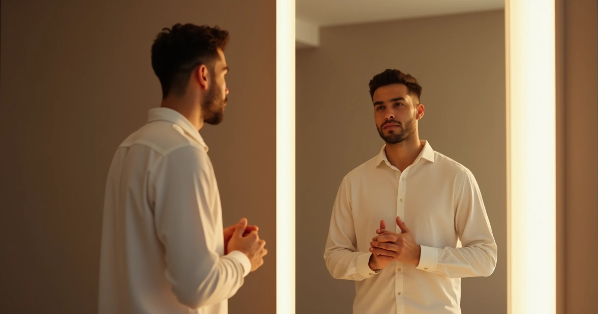 Man looking into a mirror, reflecting with a neutral expression