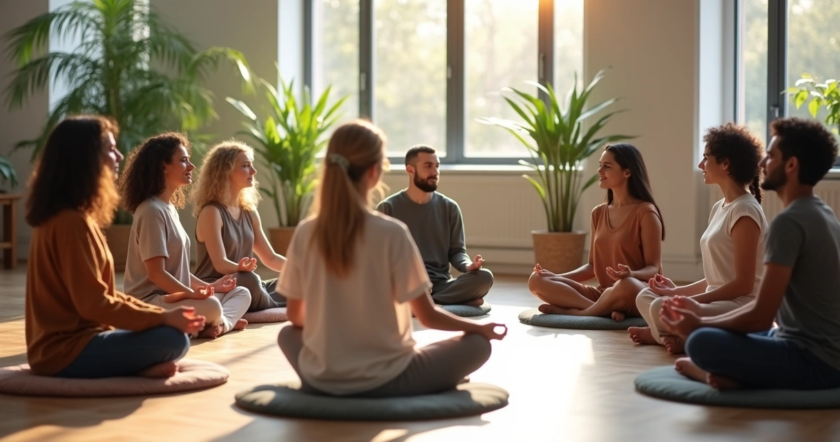 Group of adults practicing mindful reflection in a bright room 