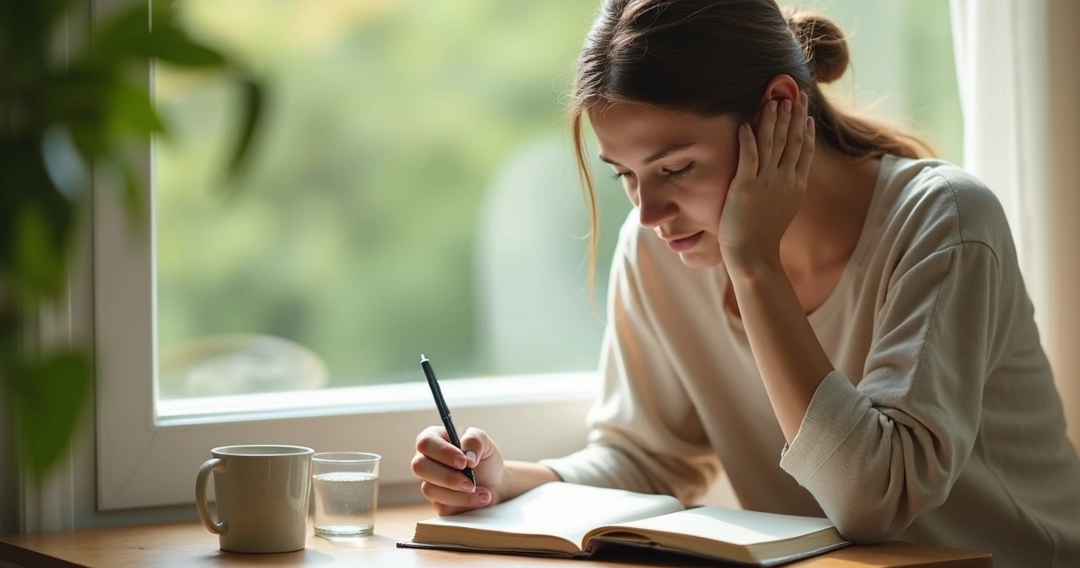 Person sitting calmly with a journal, pen in hand, peaceful natural background