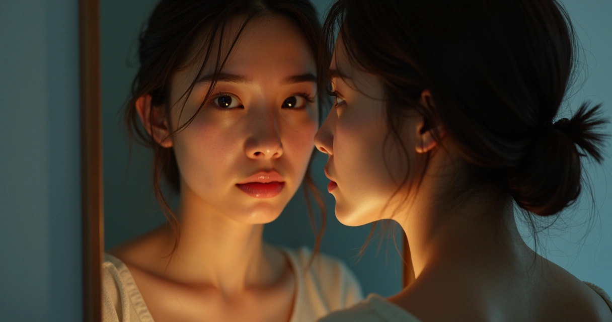 Person looking thoughtfully into a mirror reflecting both light and shadow 