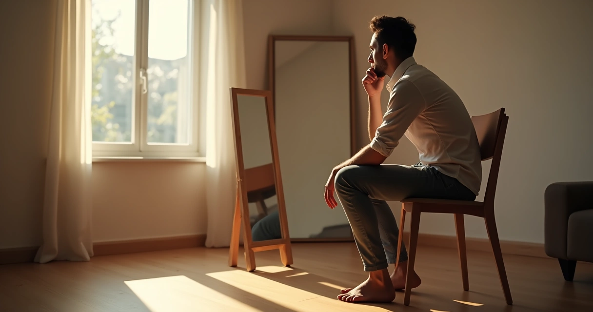 Person looking into a mirror in a bright room