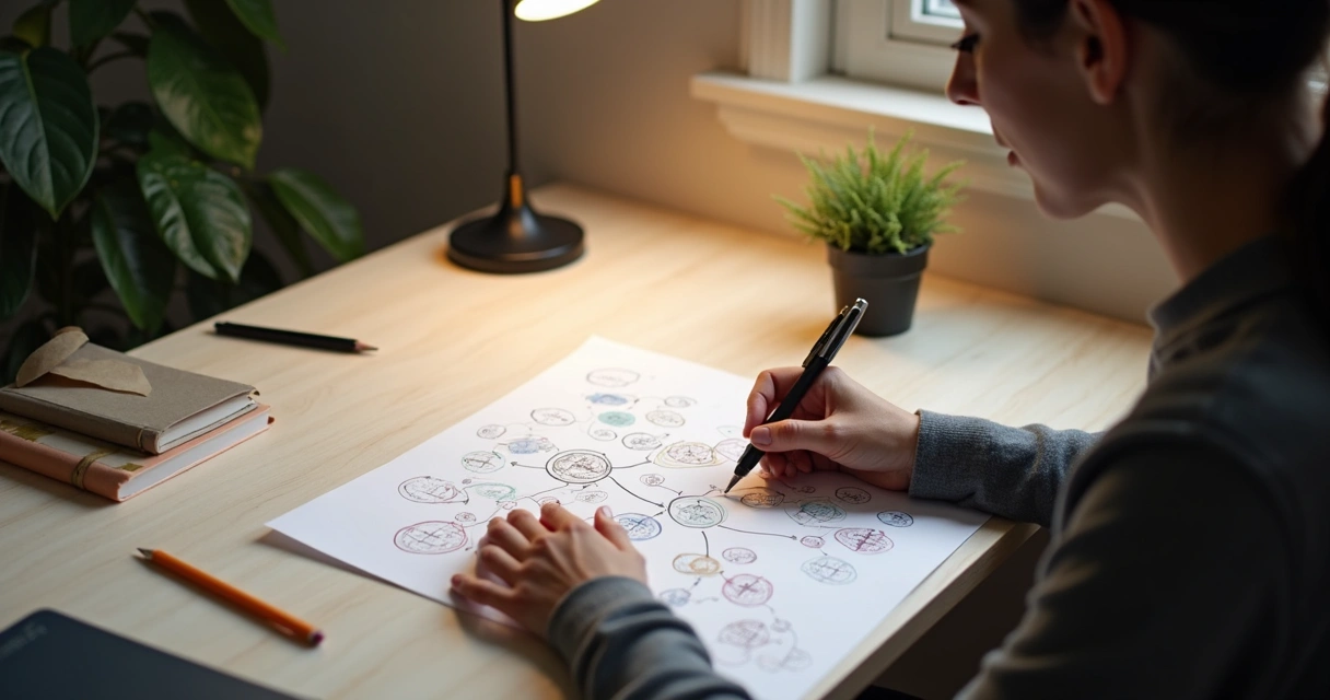 Person reviewing a handwritten life map at a desk