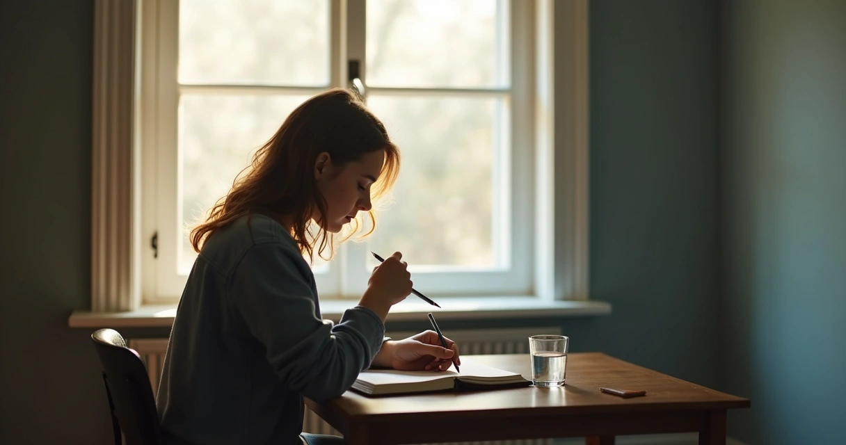 Person writing reflections by a window with soft morning light 
