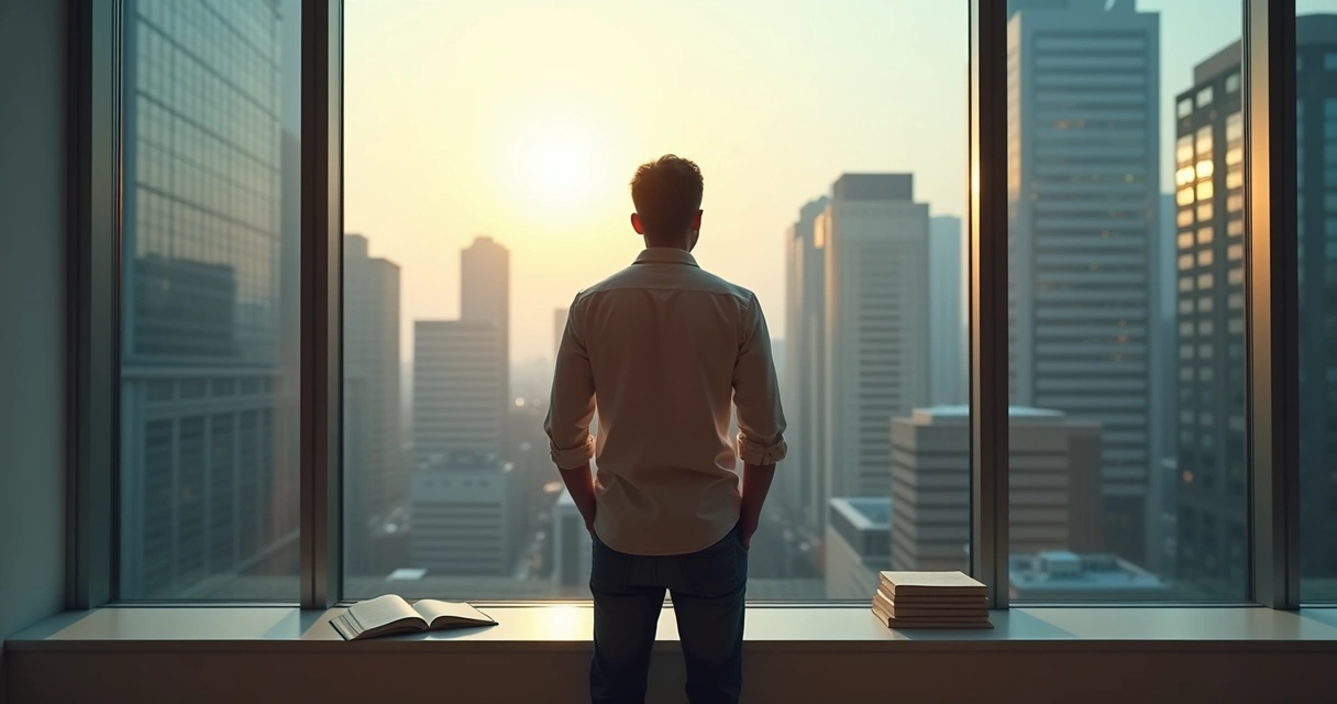 Person reflecting by a window with city view 