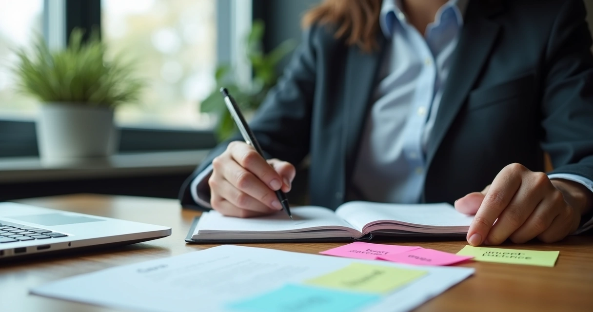 Professional reflecting on values while writing notes
