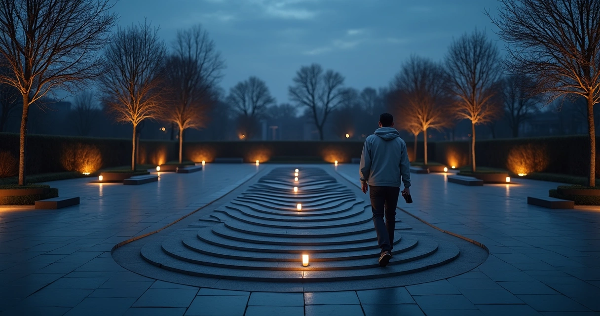 Person walking along a spiral path with glowing markers at dusk 