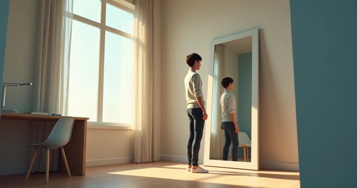 Person looking at a mirror in a quiet room