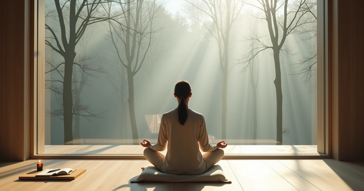 Person seated in quiet room gazing at forest through large window 