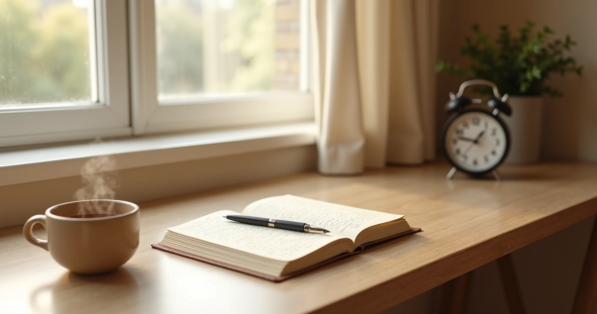 Notebook and tea on a quiet desk by a window