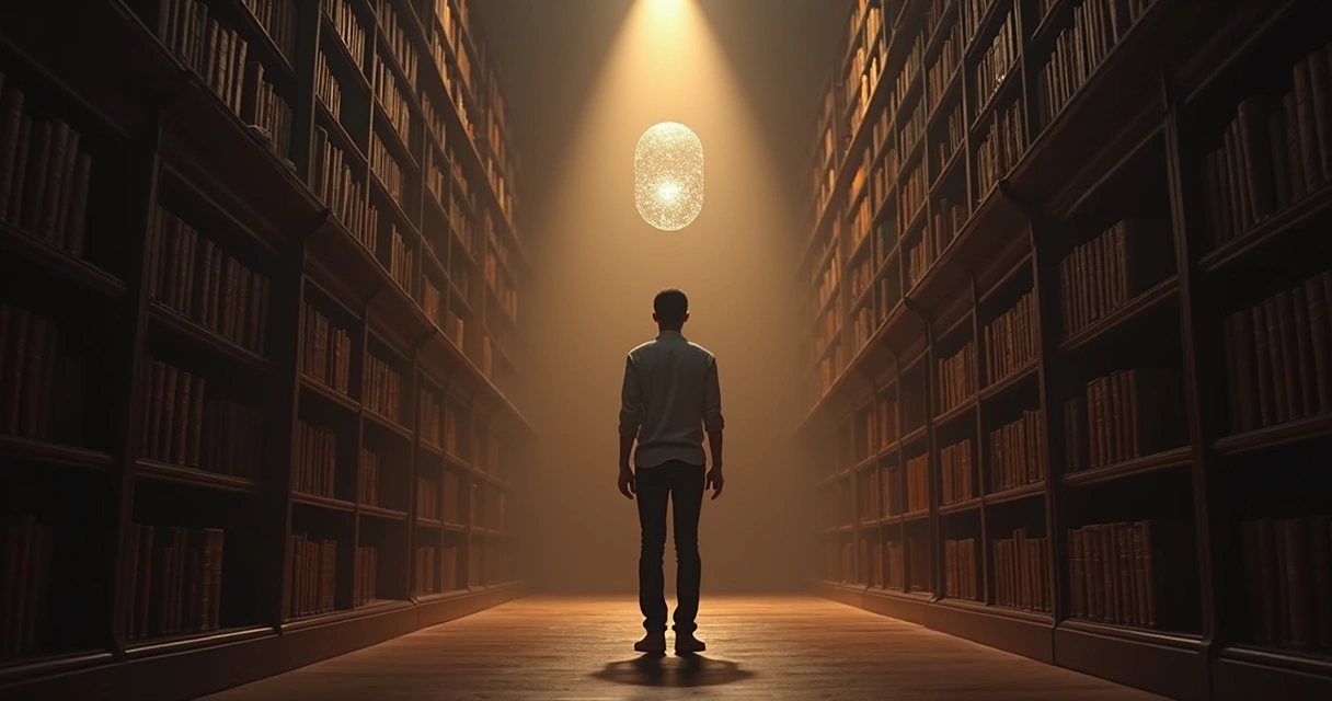 Person standing in silent library corridor with glowing thought portals on the walls 