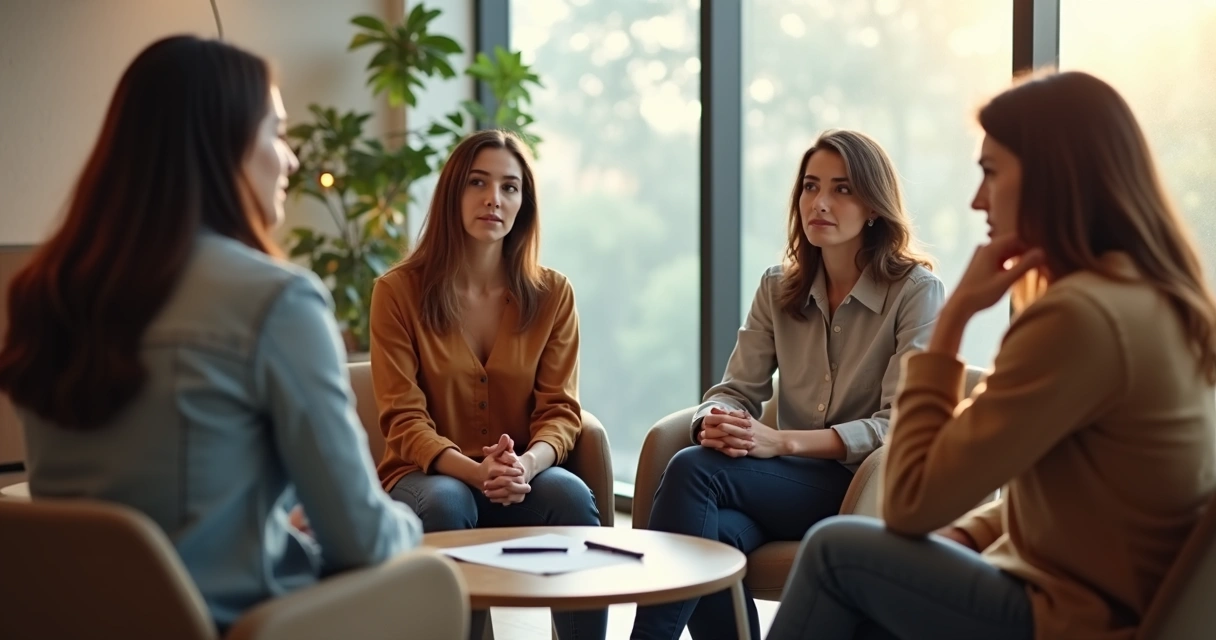 Team in reflective circle discussion in a calm office 