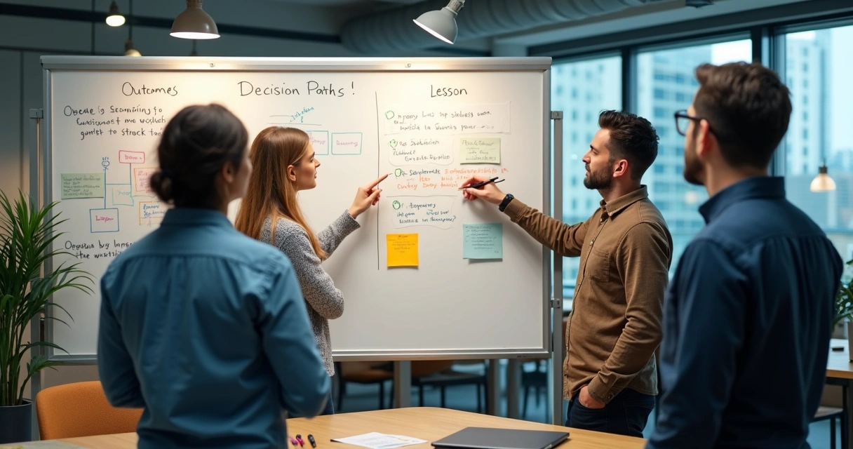 Group reflecting on decisions beside a whiteboard 