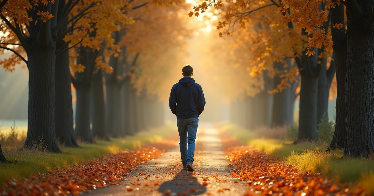 Person walking reflectively alone in nature. 