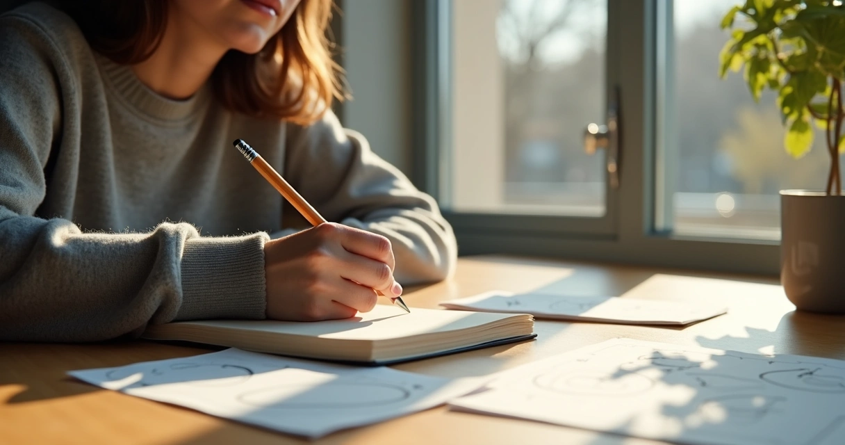 Person writing in a journal by a window with reflection 