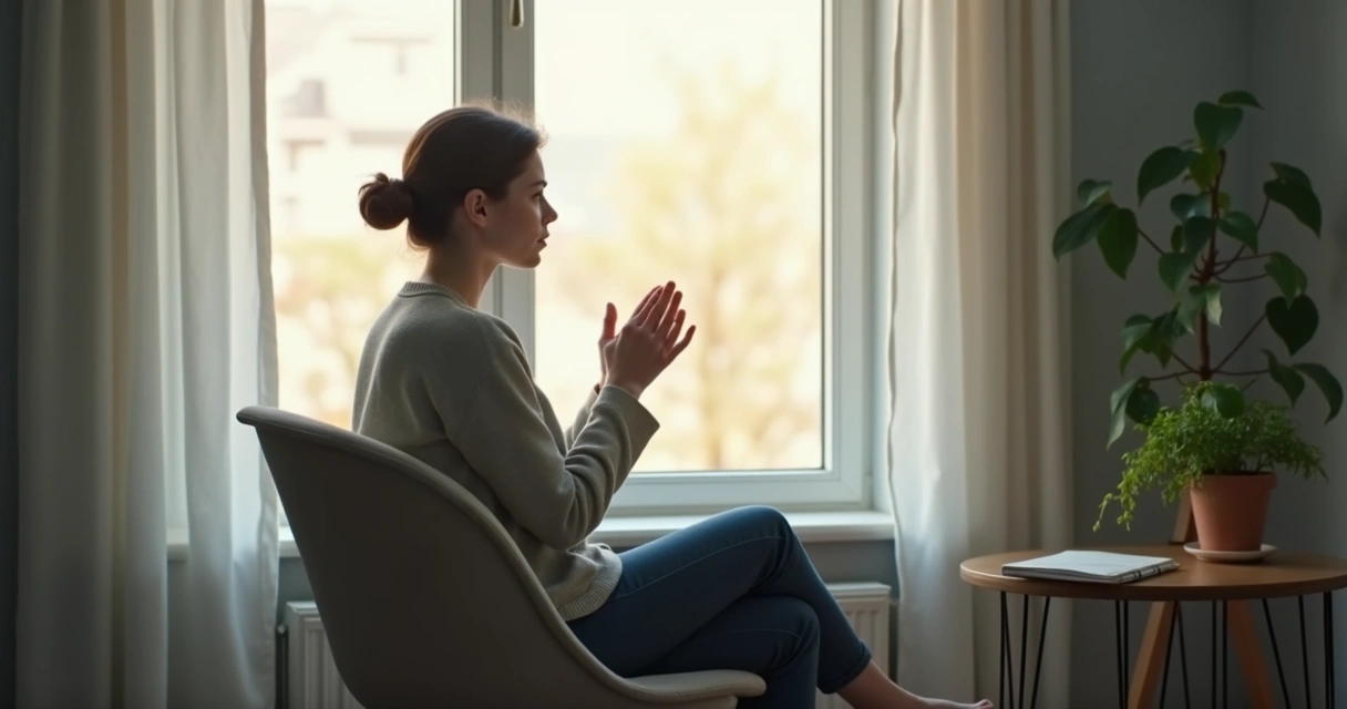Person sitting by a window during a quiet reflective pause 
