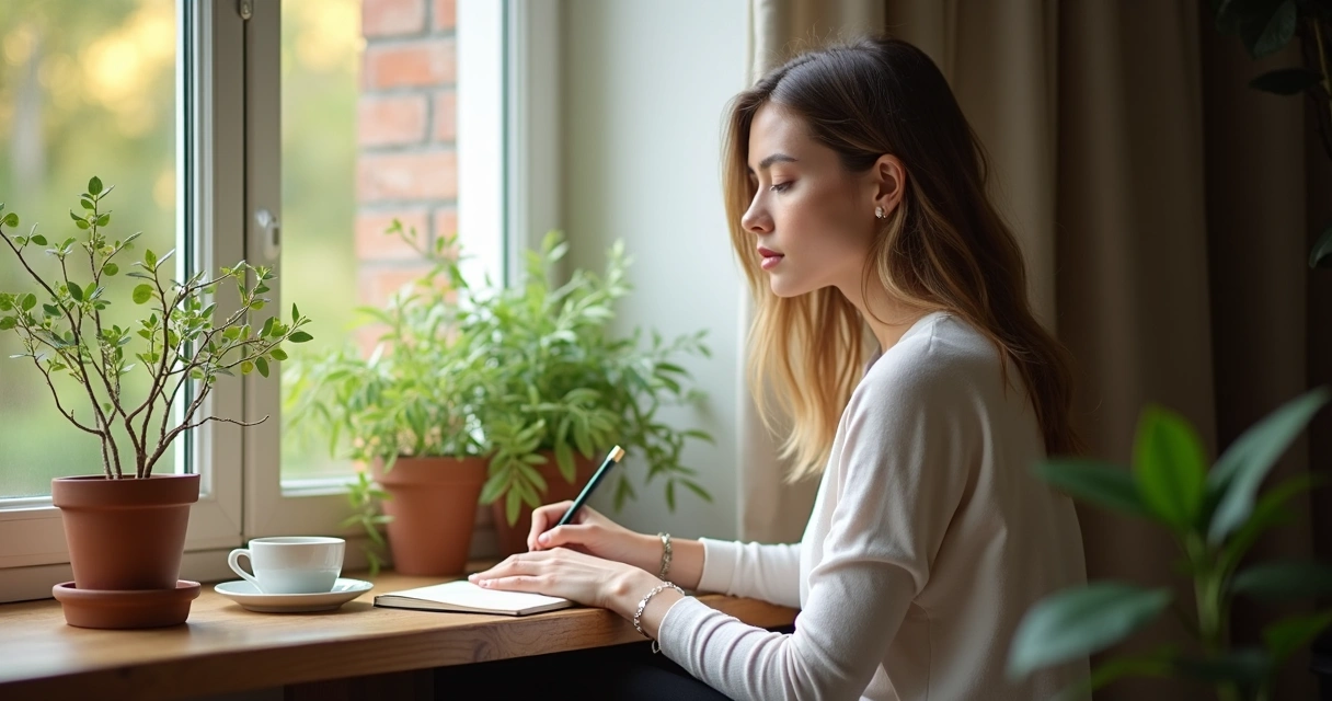 Woman reflecting and writing in a notebook by a window 