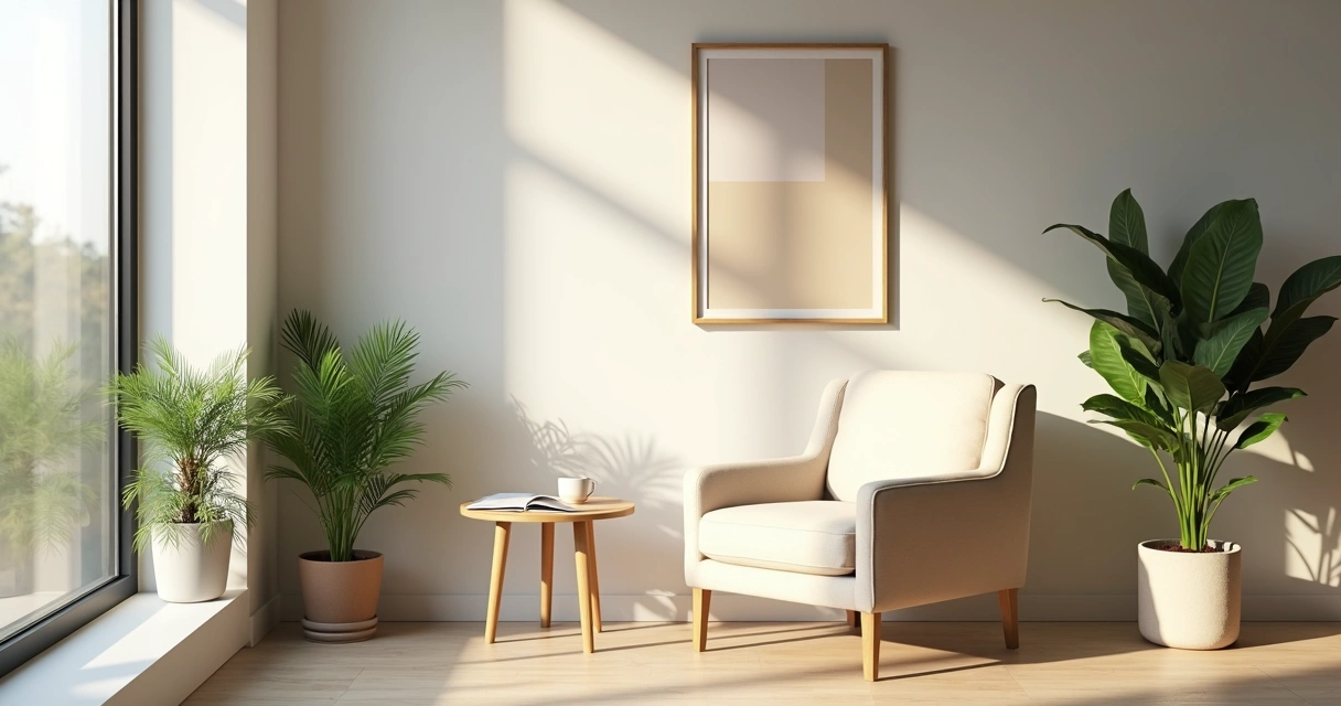Calm reflective corner with chair, plants and soft natural light 