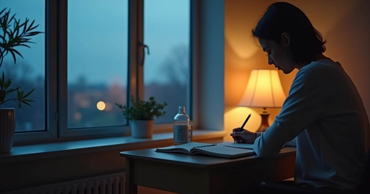 Person writing in journal beside a window at dusk