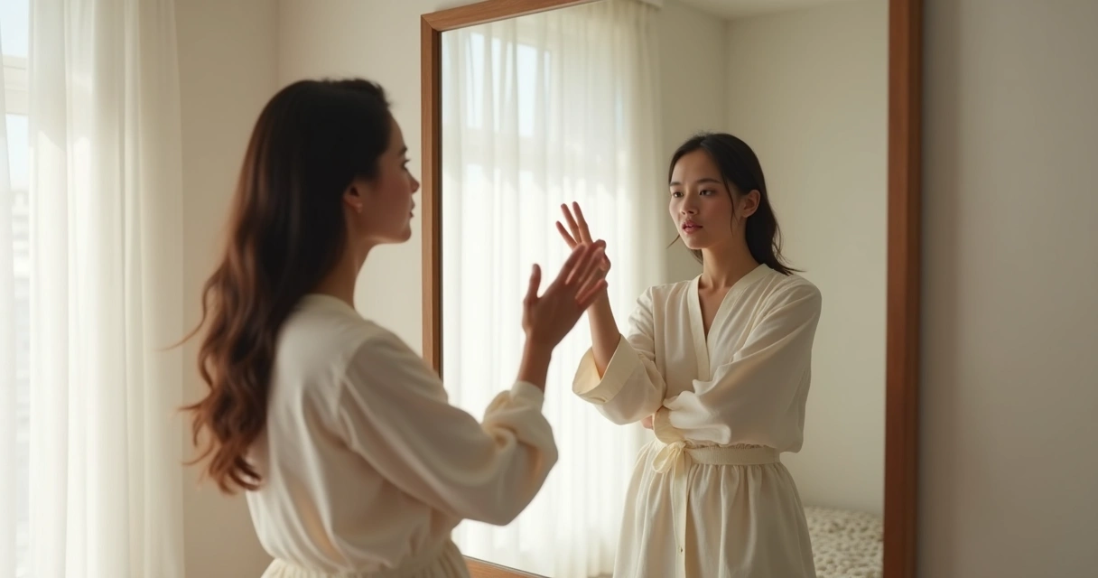 Persona frente al espejo tocando su reflejo con la mano 