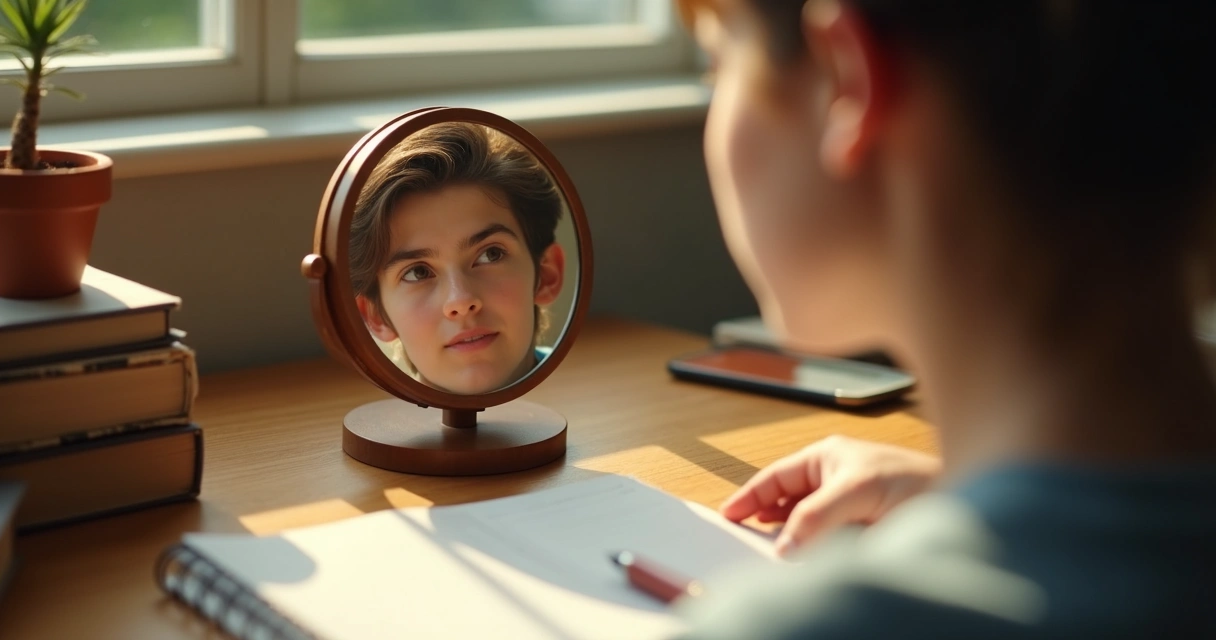 Persona observando su propio reflejo en un espejo redondo.