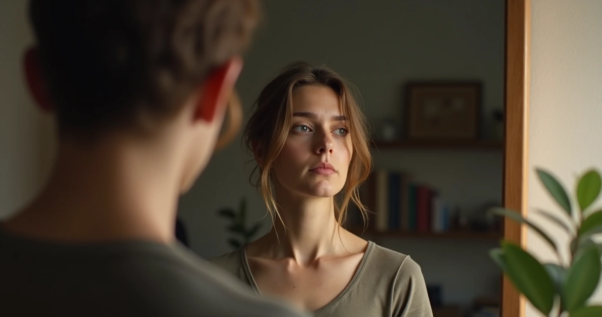 Persona adulta observándose en el espejo con expresión reflexiva