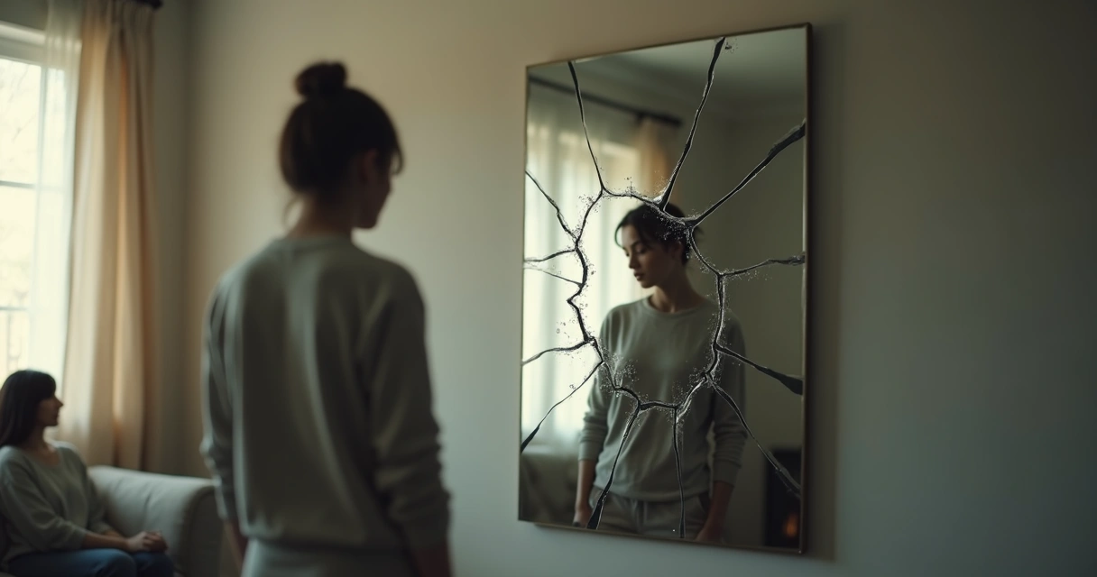Persona observando su reflejo fragmentado en un espejo partido 
