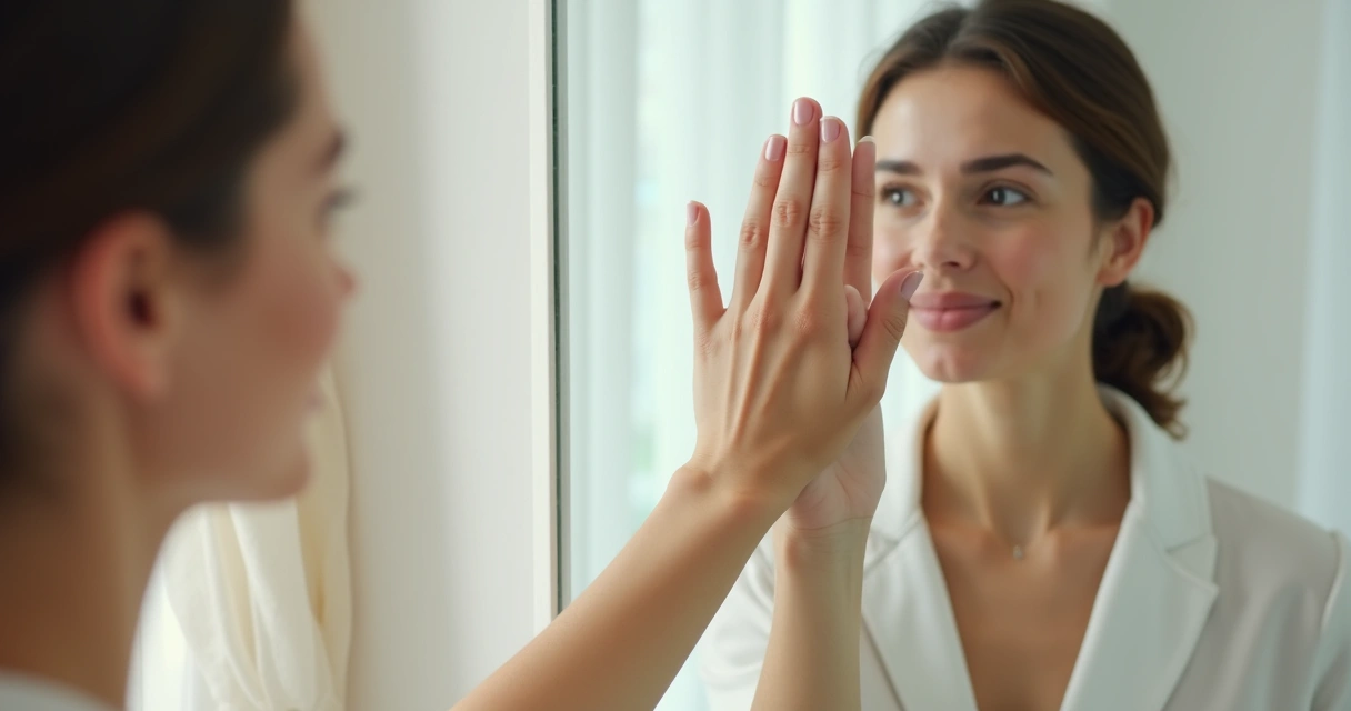 Mano tocando su reflejo en un espejo en habitación iluminada 