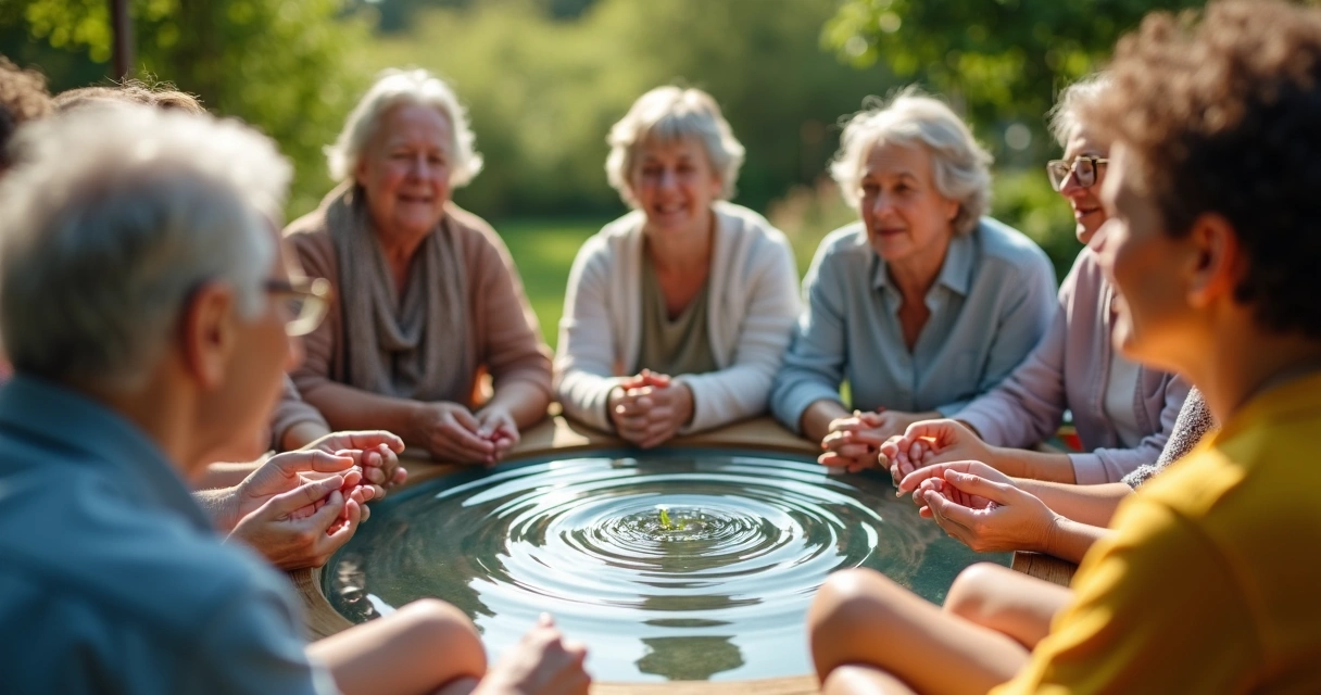 Reflejo de personas de diversas edades hablando en círculo con expresiones amables