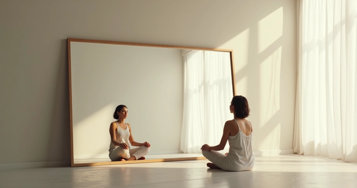 Persona sentada frente a un espejo, reflejando meditación y autoconciencia 