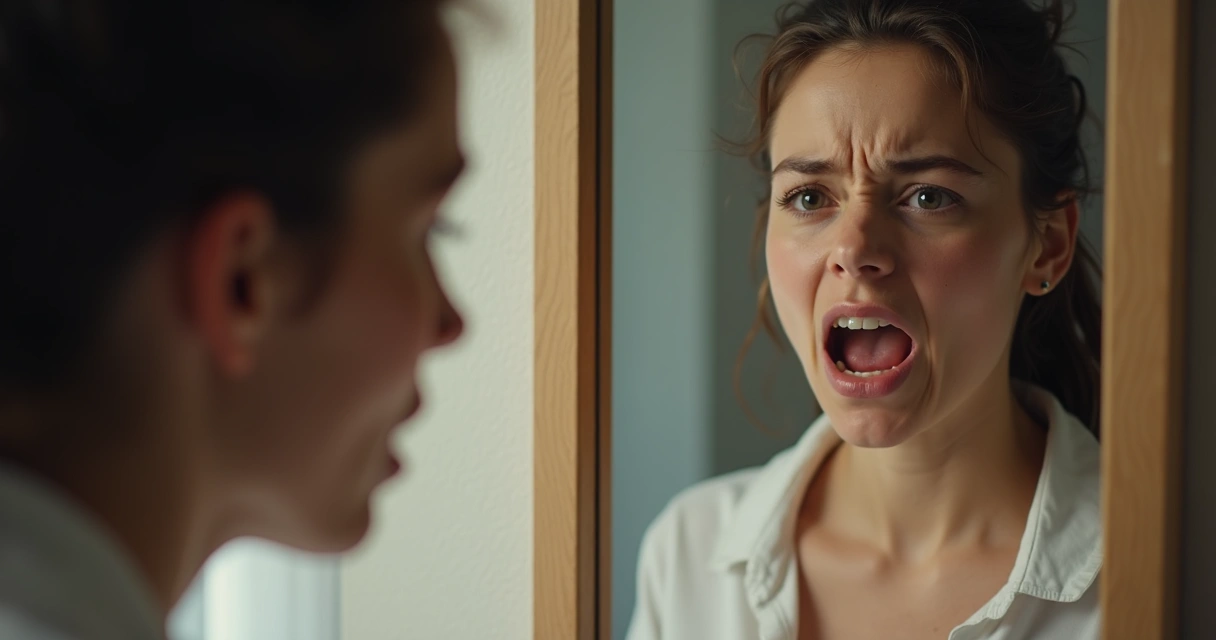 Persona viendo su reflejo en el espejo, con diferentes emociones reflejadas en su rostro. 