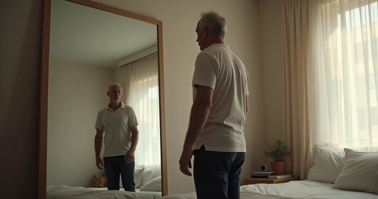 Persona mirando su reflejo en el espejo con expresión reflexiva.