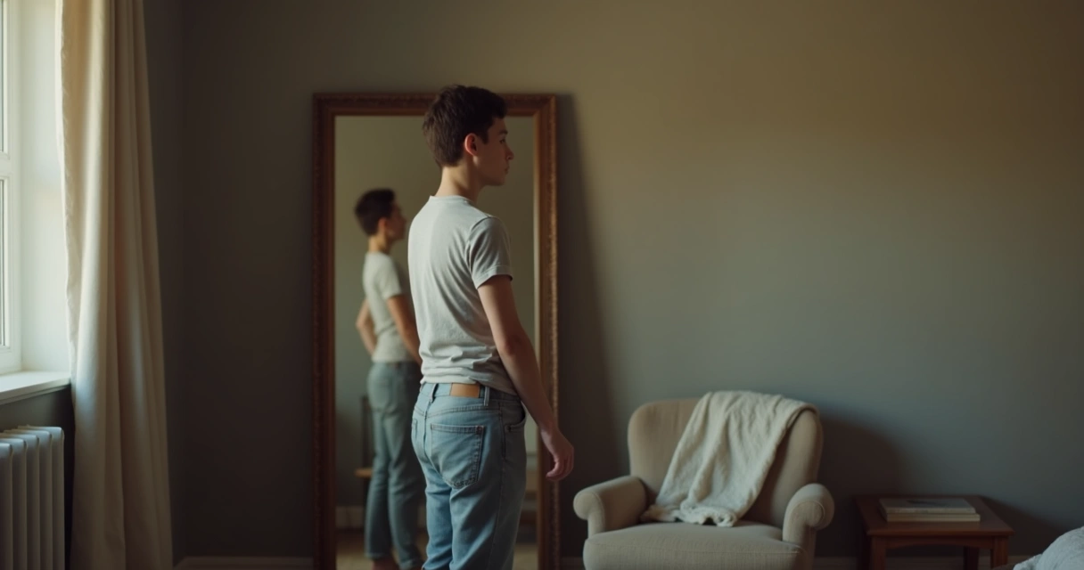 Reflejo de una persona frente a un espejo en una habitación tranquila 