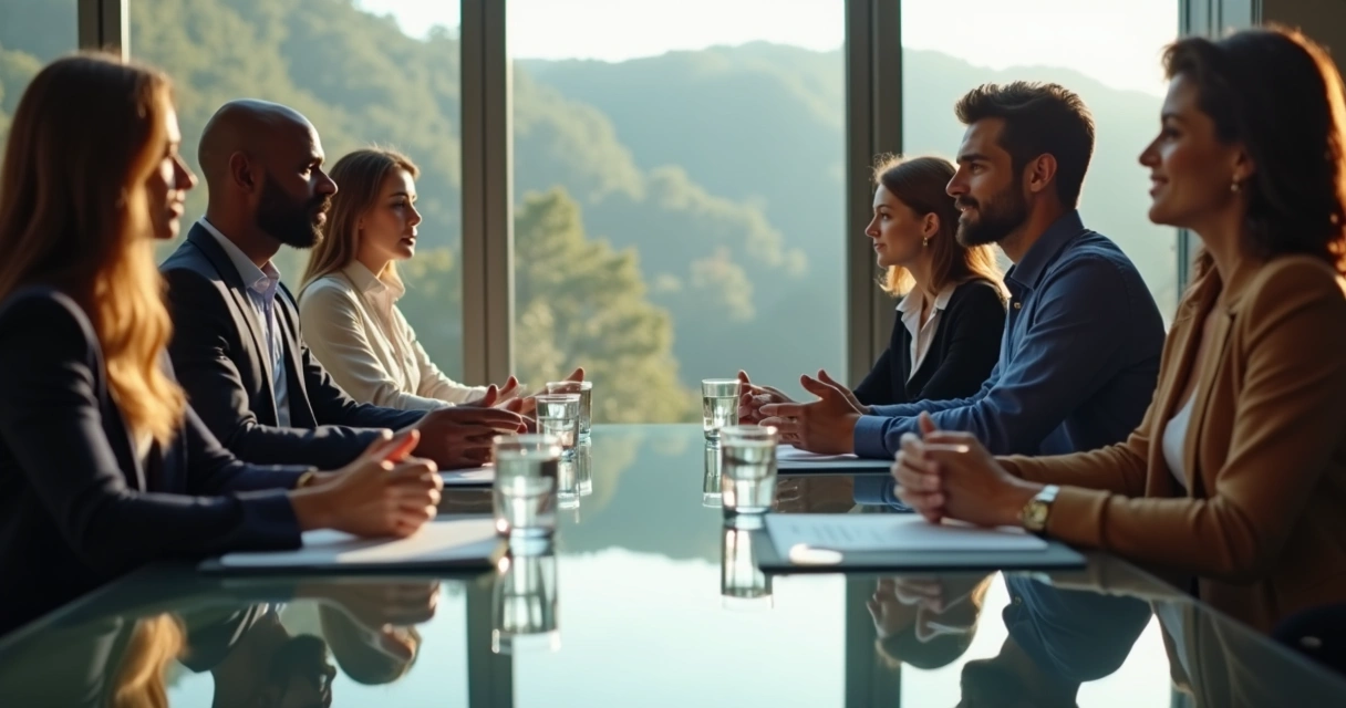 Equipo de trabajo reunido reflejado en una mesa de cristal 