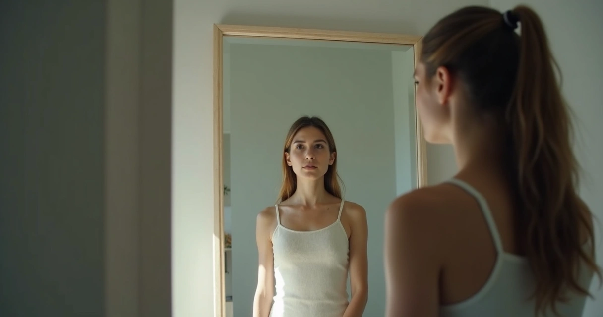 Persona tranquila mirándose al espejo con expresión reflexiva
