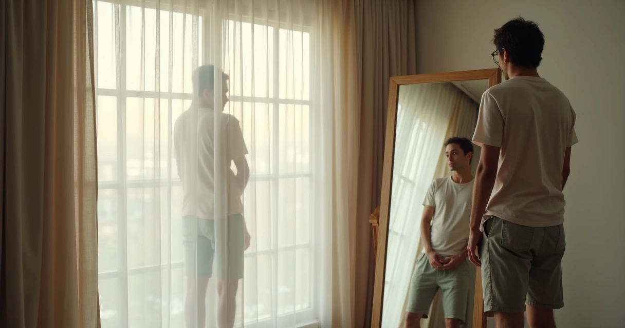 Persona frente a un espejo en una habitación luminosa