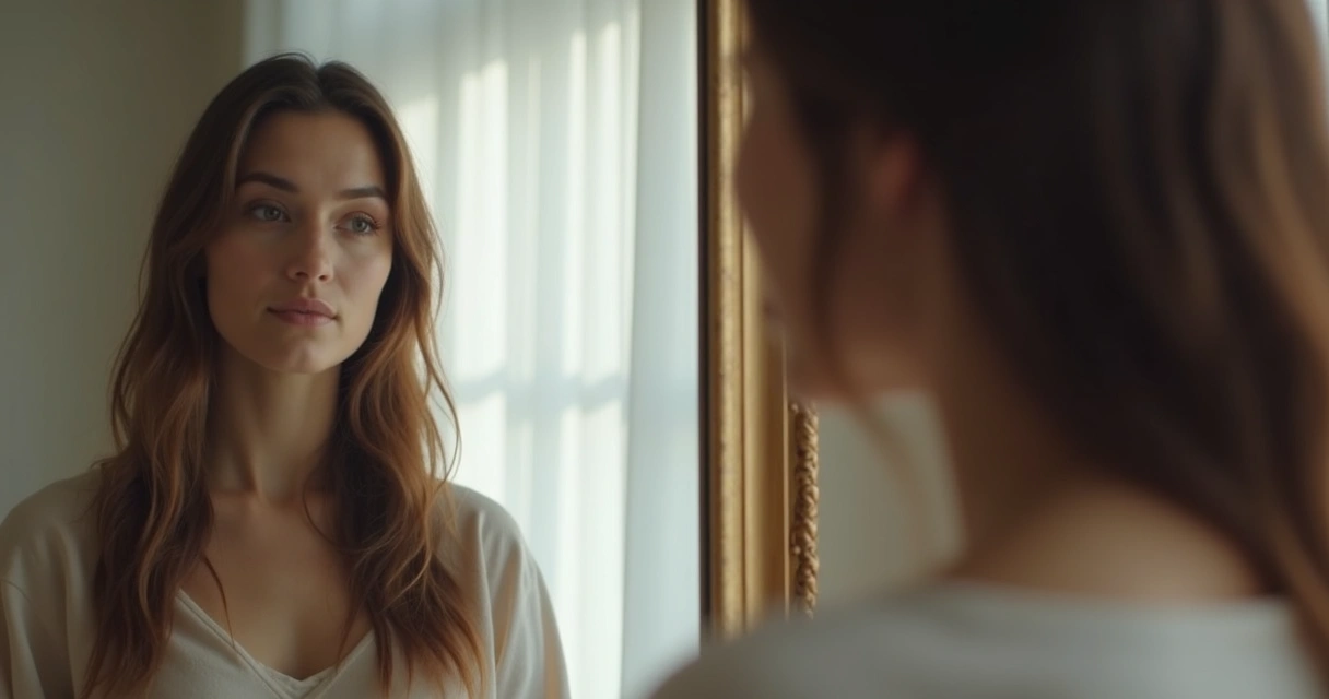 Persona mirando su reflejo en un espejo, con una expresión tranquila