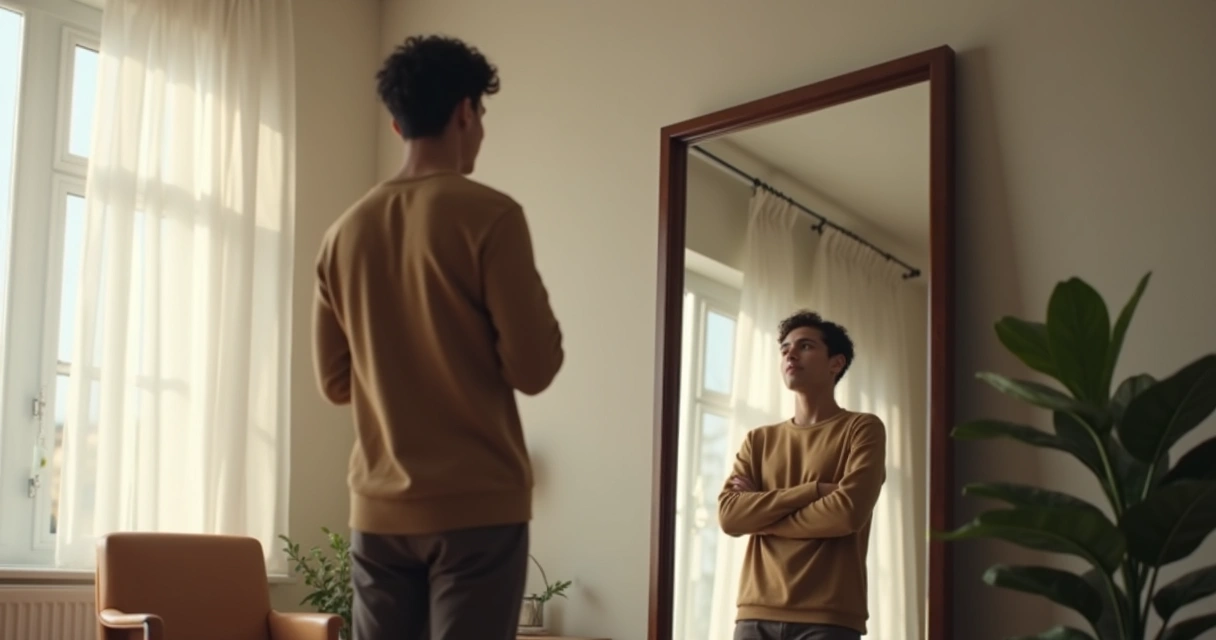 Persona observando su reflejo en un espejo con expresión pensativa