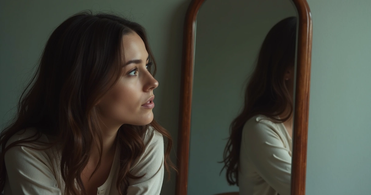 Reflejo de mujer pensando frente a un espejo en silencio 