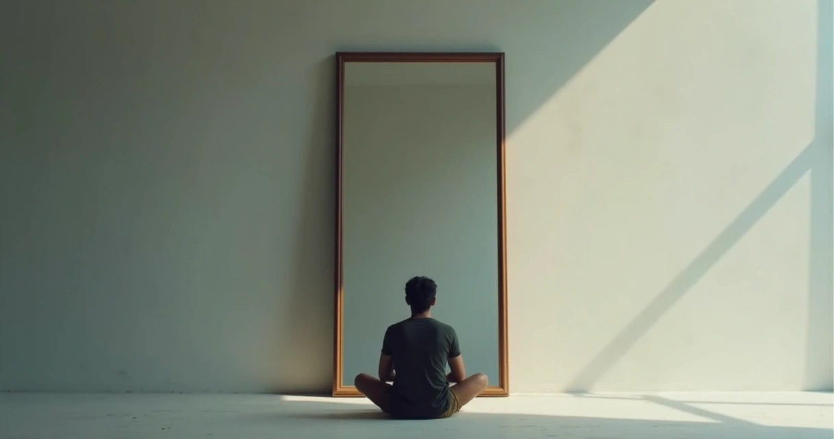 Persona sentada mirando su reflejo en un espejo grande