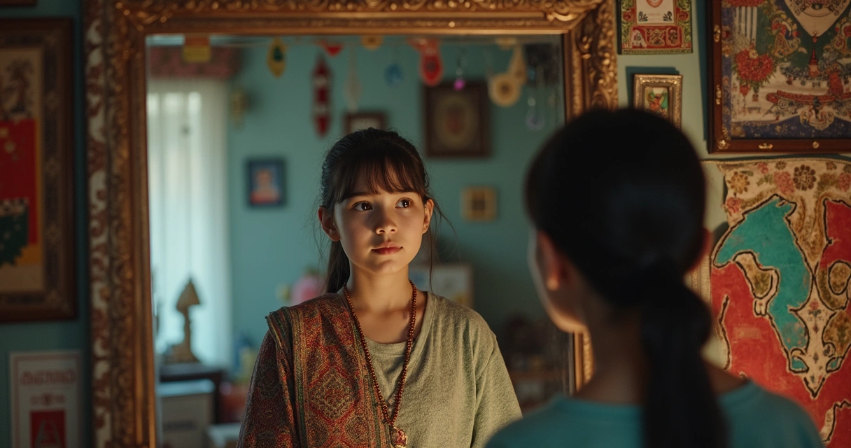 Persona mirando su reflejo en un espejo con símbolos culturales 