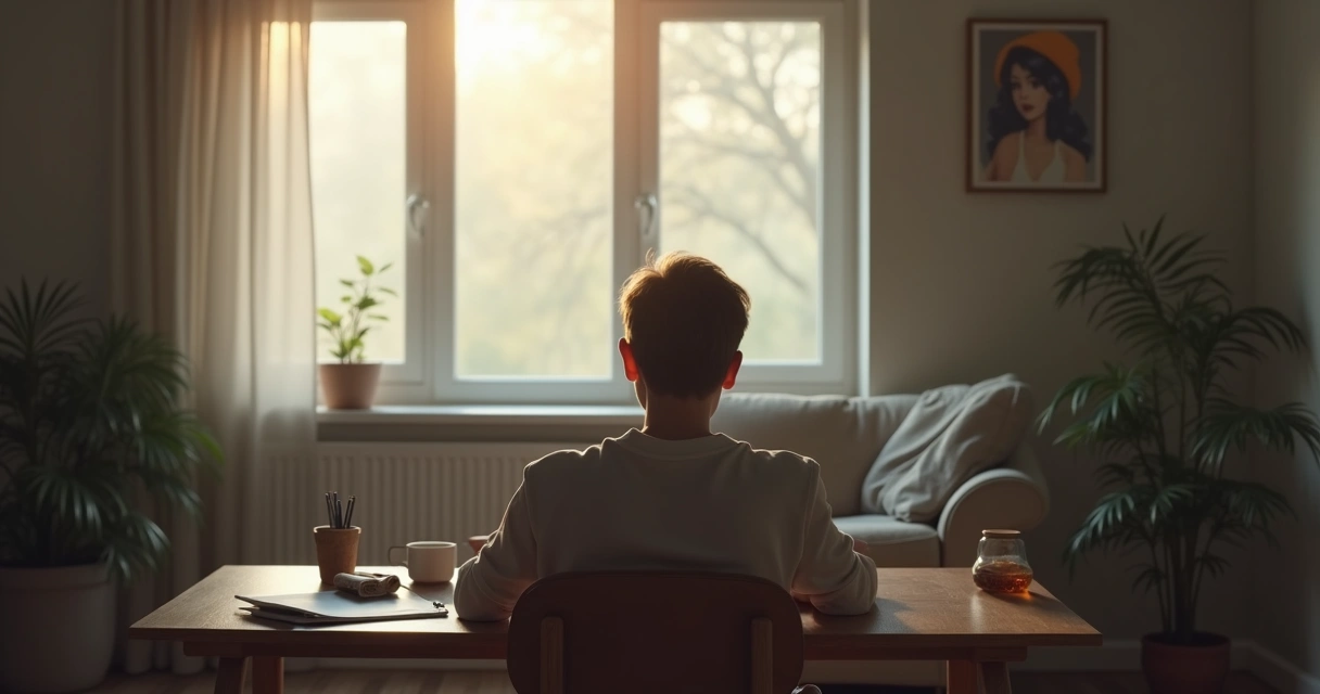 Pessoa sentada refletindo em um ambiente tranquilo com bloco de anotações 