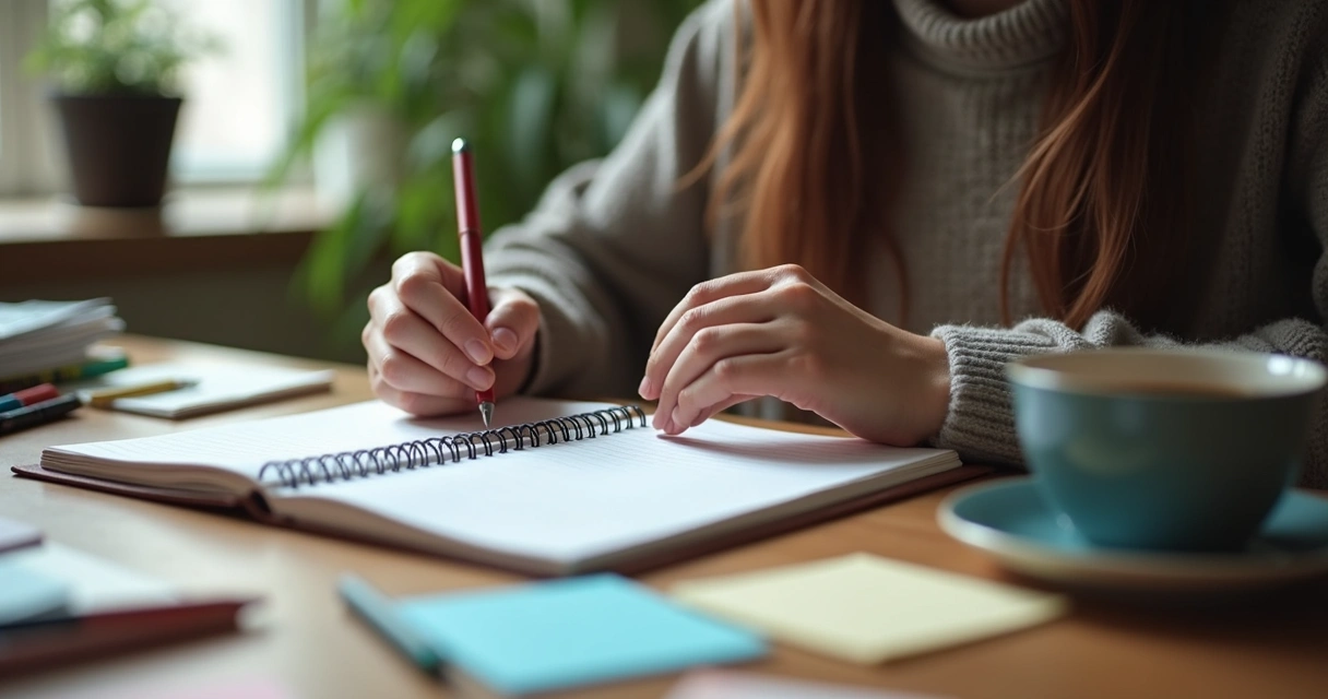Pessoa refletindo e escrevendo em um diário sentado à mesa, objetos de papelaria ao redor 