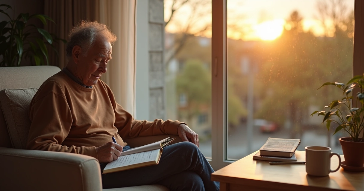 Pessoa em reflexão profunda diante de janela com caderno de perguntas na mão 