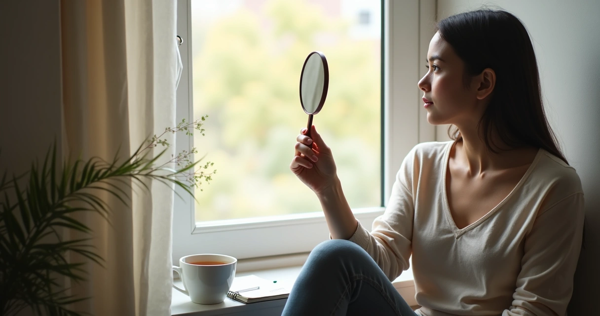 Pessoa olhando para si mesma refletida em um espelho de mão, sentada junto a uma janela, com expressão tranquila 