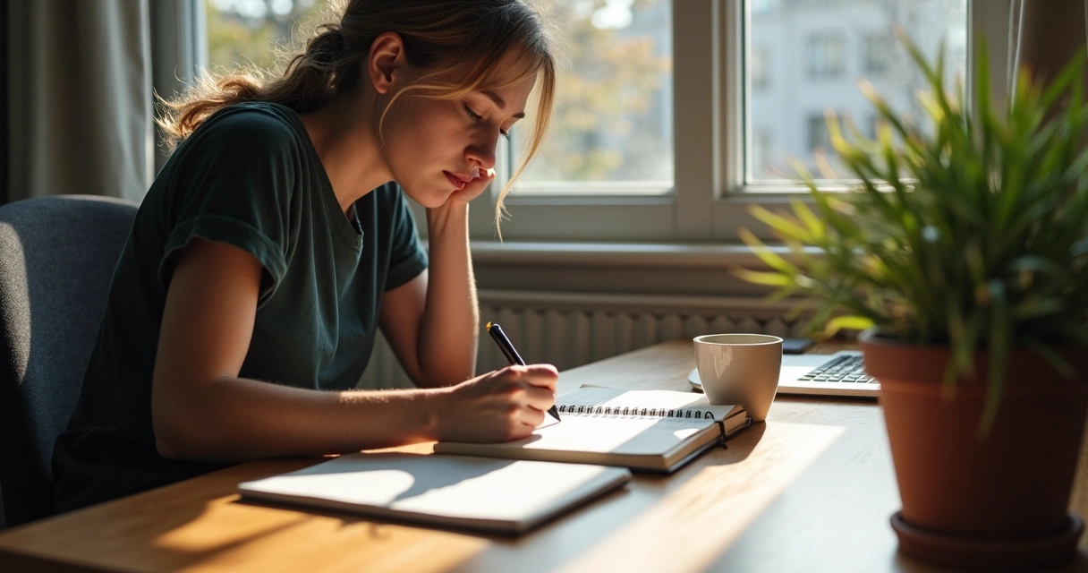 Pessoa sentada à mesa escrevendo em um diário 